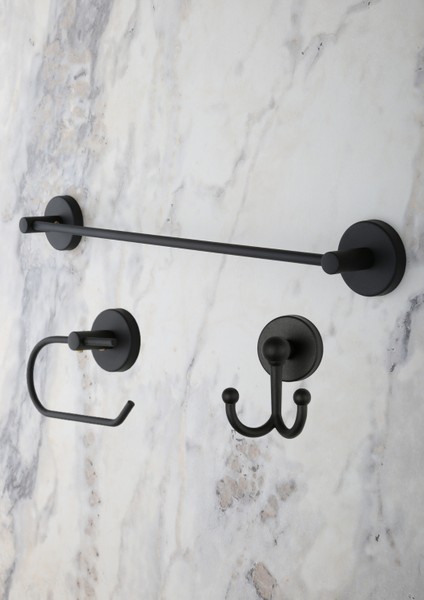 Banyo Aksesuar 3'lü Set Siyah Düz Havluluk K. Tuvalet Kağıtlığı Bornozluk