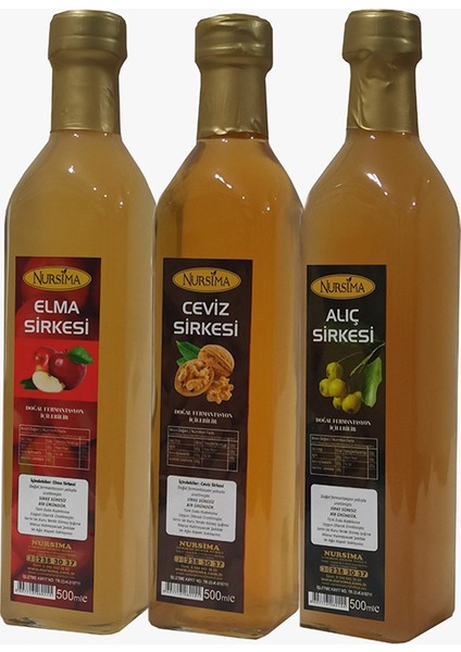 Elma Sirkesi 500 ml + Ceviz Sirkesi 500 ml + Alıç Sirkesi Cam Ambalaj 500 ml
