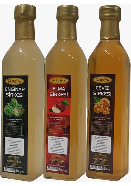 Enginar Sirkesi 500 ml + Elma Sirkesi 500 ml + Ceviz Sirkesi Cam Ambalaj 500 ml