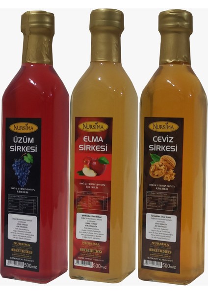 Üzüm Sirkesi 500 ml + Elma Sirkesi 500 ml + Ceviz Sirkesi Cam Ambalaj 500 ml
