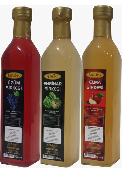 Üzüm Sirkesi 500 ml + Enginar Sirkesi 500 ml + Elma Sirkesi Cam Ambalaj 500 ml