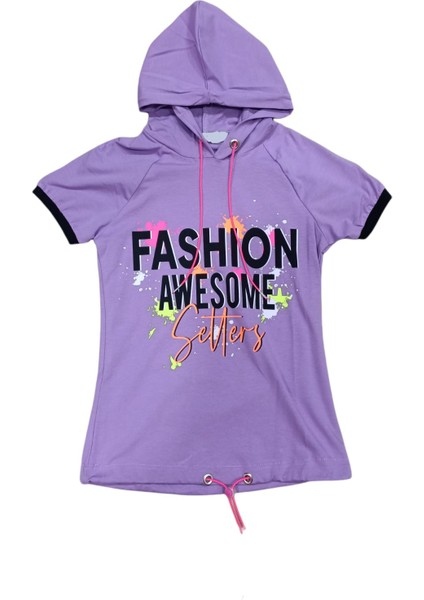 Kız Çocuk Fashion Yazı Desenli Kapüşonlu Tişört