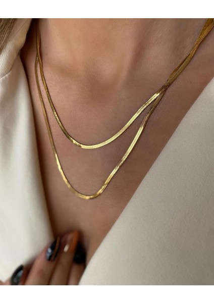 Çelik Italyan Yassı Zincir Kolye 50CM Gold