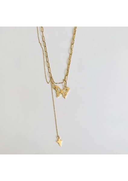 Kelebek Figürlü Çelik Kolye 50CM Gold Renk