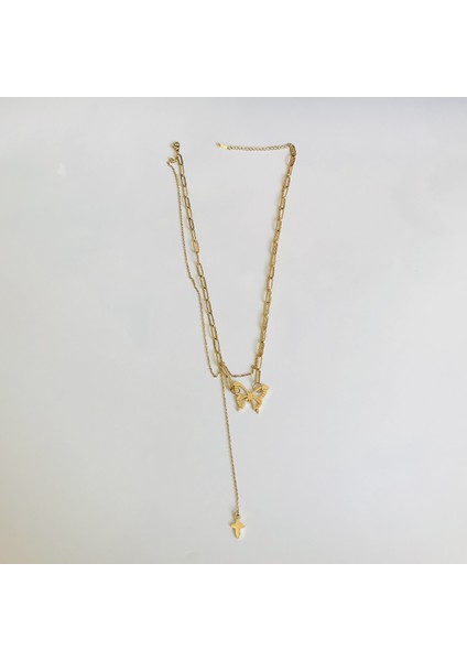 Kelebek Figürlü Çelik Kolye 50CM Gold Renk fiyatları