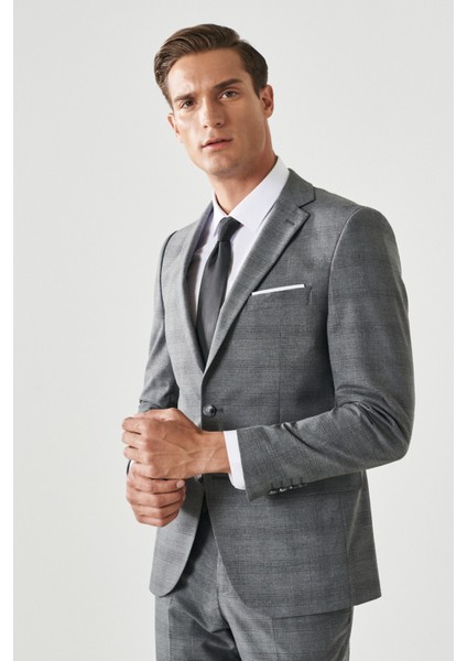 ALTINYILDIZ CLASSICS Erkek Gri Ekstra Slim Fit Dar Kesim Mono Yaka Kareli Takım Elbise