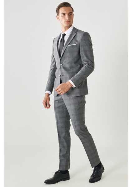 ALTINYILDIZ CLASSICS Erkek Gri Ekstra Slim Fit Dar Kesim Mono Yaka Kareli Takım Elbise