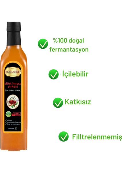 Hanzade Bitkisel Dört Hırsız Sirkesi 500 ml x 2 Adet Doğal Fermantasyon Içilebilir Katkısız Cam Şişe