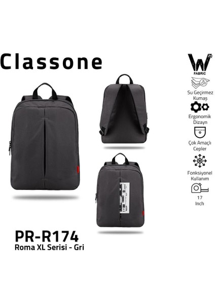 PR-R174 Roma Serisi Su Geçirmez Kumaş 17" Laptop ,notebook Sırt Çantası-Gri