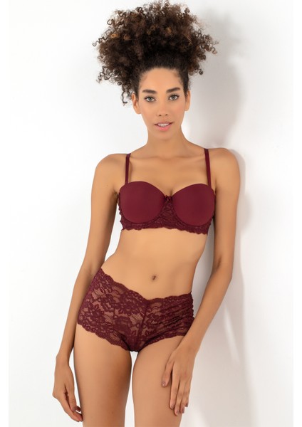 Kadın Push-Up Dantel Detaylı Straplez Sütyen Takımı Yarım Dolgulu Konfor