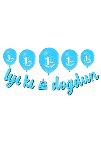 İyi Ki Doğdun 1 Yaş Mavi Balonlu Set