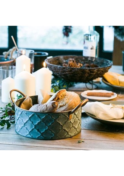 Nordic Vintage Yuvarlak Meyve Sepeti Sıkıntılı Metal Hizmet Tepsisi Snack Tatlı Plaka Mutfak Dekoratif Tepsi Kolu ile | Bulaşıklar ve tabaklar fiyatları