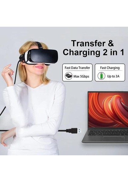 Physizz Oculus Link Kablosu 5m / 16.4ft - USB3.0A'YA USB C Kablosu Max 5gbps Hızlı Veri Aktarımı ve 3A Hızlı Şarj - Oculus Quest 2 Bağlantı Kablosu