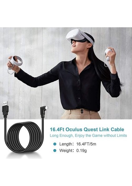 Physizz Oculus Link Kablosu 5m / 16.4ft - USB3.0A'YA USB C Kablosu Max 5gbps Hızlı Veri Aktarımı ve 3A Hızlı Şarj - Oculus Quest 2 Bağlantı Kablosu