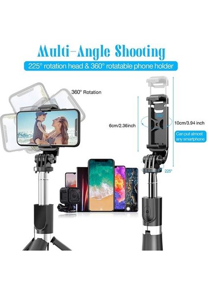 Jyps Bluetooth Selfie Sopa Tripod Ayrılabilir Kablosuz Uzaktan ve Tripod Standı Ile, Uzatılabilir Selfie Stick Tripod IPHONE12 ile Uyumlu