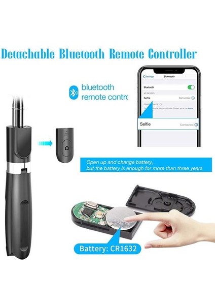 Jyps Bluetooth Selfie Sopa Tripod Ayrılabilir Kablosuz Uzaktan ve Tripod Standı Ile, Uzatılabilir Selfie Stick Tripod IPHONE12 ile Uyumlu