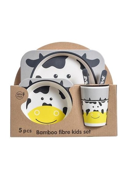 Beş Parçalı Bambu Fiber Çocuk Sofra Takımı Inek Desen Çocuk Setleri