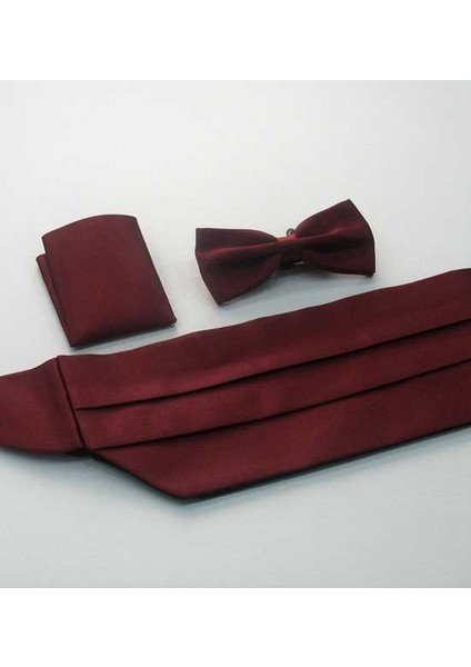 Bordo Düz Renk Damatlık Kuşak Papyon Mendil Saten Takım Set - Kp-13