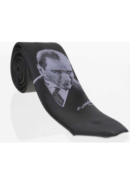 Atatürk ve Imza Desenli Dokuma Siyah Kravat - Ak-24