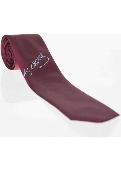 Atatürk Imza Desenli Dokuma Bordo Kravat - Ak-25