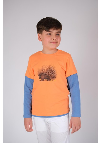 Uzun Kol Pamuklu Tişört Turuncu Mavi Punky Animals 2022-B-0006 fiyatları