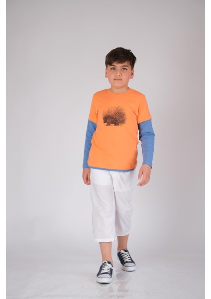 Uzun Kol Pamuklu Tişört Turuncu Mavi Punky Animals 2022-B-0006 modelleri