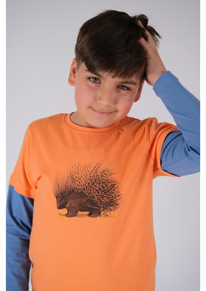 Uzun Kol Pamuklu Tişört Turuncu Mavi Punky Animals 2022-B-0006 fırsatları