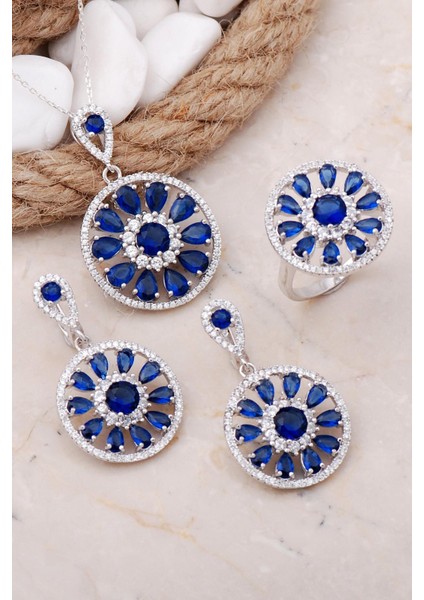 Safir Taşlı Çiçek Tasarım Rodyumlu Gümüş Set 21