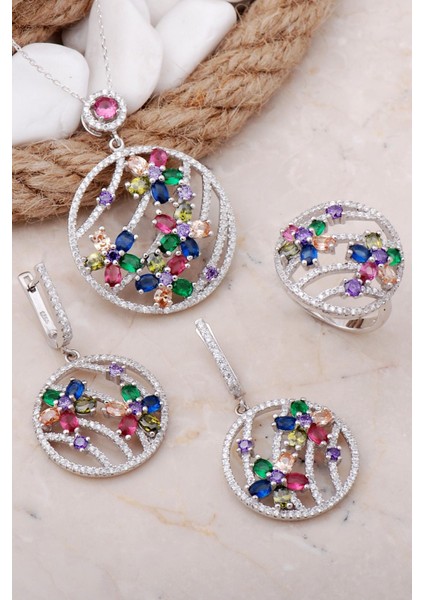 Çiçek Tasarım Rodyumlu Gümüş Set 24