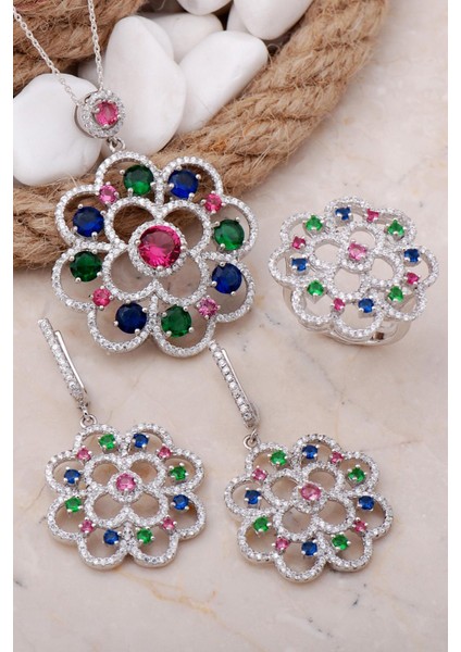 Çiçek Tasarım Rodyumlu Gümüş Set 29