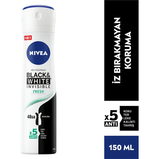 NIVEA Kadın Sprey Deodorant Black&White Fresh Invisible 150ml;48 Saat Anti-perspirant Koruma