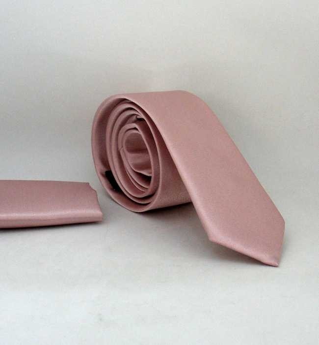 Gaffy Pudra Pembe Slim Fit Düz Renk Mendilli Parlak Saten Kravat Renkli Erkekler İçin
