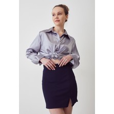 Oversize Saten Gömlek-Gri