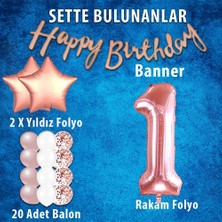 Rose Gold Konsept 1 Yaş Doğum Günü Kutlama Seti; Beyaz Gold Konfetili Balon, Rakam Yıldız Folyo ve Banner