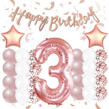 Patladı Gitti Rose Gold Konsept 3 Yaş Doğum Günü Kutlama Seti; Beyaz Gold Konfetili Balon, Rakam Yıldız Folyo ve Banner