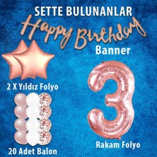 Patladı Gitti Rose Gold Konsept 3 Yaş Doğum Günü Kutlama Seti; Beyaz Gold Konfetili Balon, Rakam Yıldız Folyo ve Banner