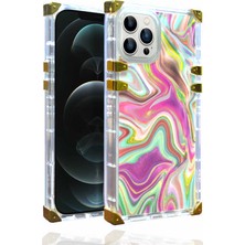 Case 4U Apple iPhone 12 Pro Kılıf Ebruli Dalga Desenli Altın Airbag Köşe Koruma Ples Kapak Koyu Pembe