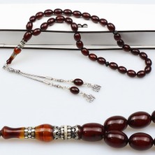 Tesbih Pasajı Gümüş Nakkaş İmameli Beyzi Kesim Eskitme Kehribar Tesbih (8