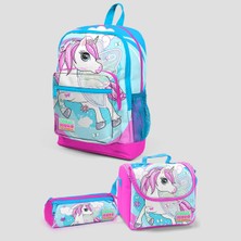 Coral High Kids Mavi Neon Pembe Unicorn Dört Bölmeli Okul Sırt Çantası 3'lü Set
