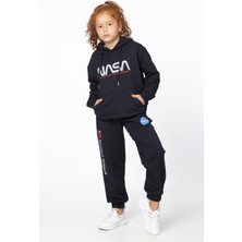 Black One Kız Çocuk Unisex  Nasa Baskı Detaylı Oversize Kapüşonlu Çocuk Eşofman Takımı