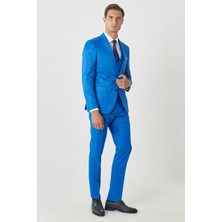 ALTINYILDIZ CLASSICS Erkek Saks Mavi Ekstra Slim Fit Dar Kesim Mono Yaka Pick Desenli Yelekli Takım Elbise