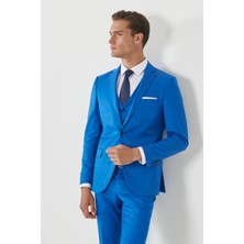 ALTINYILDIZ CLASSICS Erkek Saks Mavi Ekstra Slim Fit Dar Kesim Mono Yaka Pick Desenli Yelekli Takım Elbise