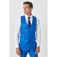ALTINYILDIZ CLASSICS Erkek Saks Mavi Ekstra Slim Fit Dar Kesim Mono Yaka Pick Desenli Yelekli Takım Elbise