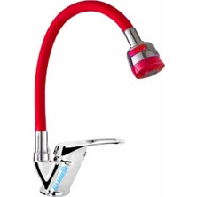Elmina Armatür Kırmızı Spiral Oynar Hareketli 2 Fonksiyonlu Borulu Mutfak Eviye Bataryası Musluğu Çeşmesi