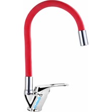 Elmina Armatür Kırmızı Spiral Oynar Borulu Mutfak Eviye Bataryası Çeşmesi Musluğu Çift Su Girişli