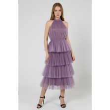 Asees Boyundan Bağlamalı Katlı Tül Abiye Elbise