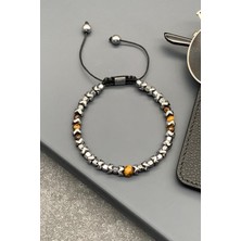 FRNCH Kaplan Gözü Doğal Taşlı Kahverengi Renkli Ayarlanabilir Makrome Erkek Bileklik FRJ11541-1641-K