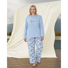 Doreanse Kadın Büyük Beden Mavi Yazı Baskılı Çiçek Desenli Uzun Kol T-Shirt Pijama Takımı 4093P