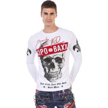 Cipo & Baxx CL454 Taşlı Kurukafa Ince Beyaz Sweatshirt