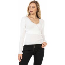 Cipo & Baxx WP207 Boncuklu V Yaka Ekru Triko